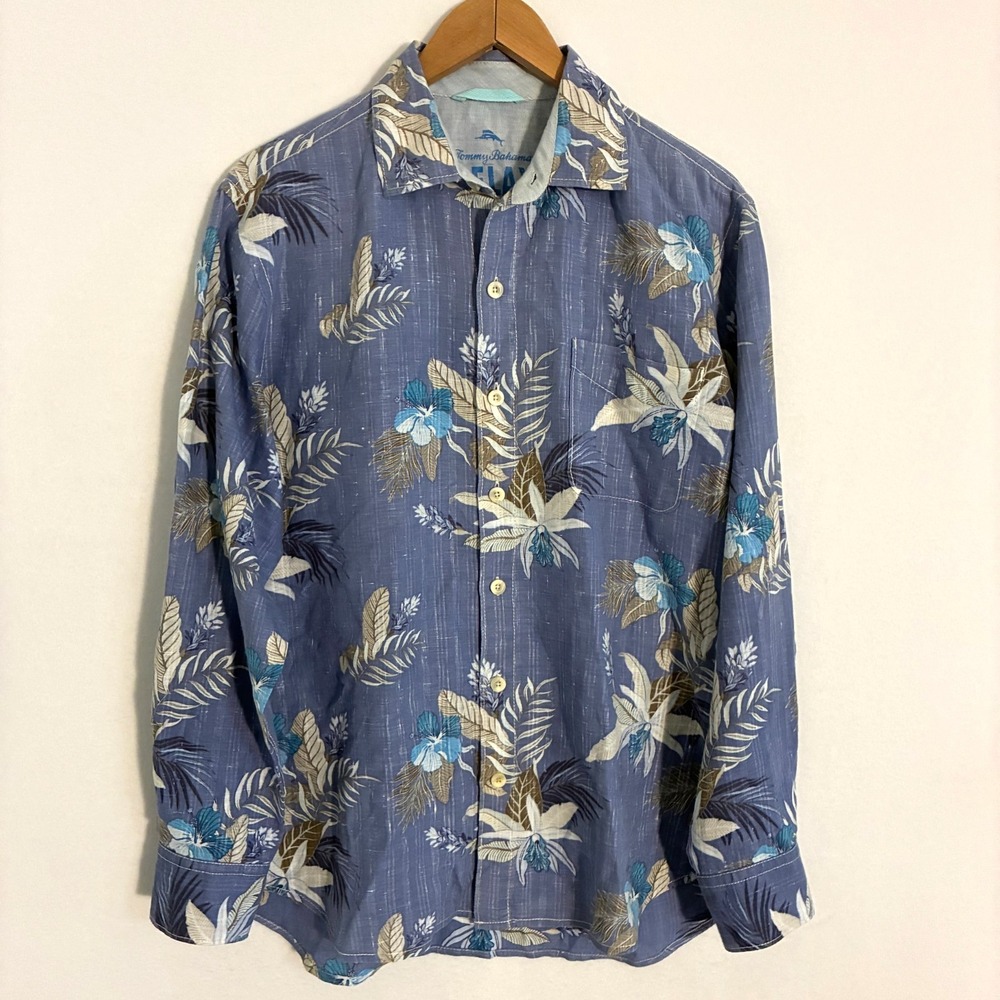 Tommy Bahama Linen Blend Shirt Mens M Floral Button Up Breathable Travel Party